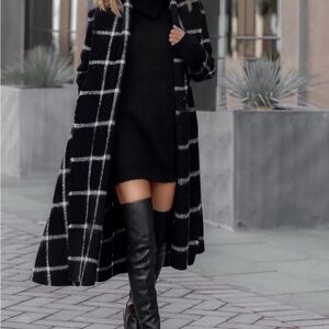 Elegant Black and White Checkered Trench Coat